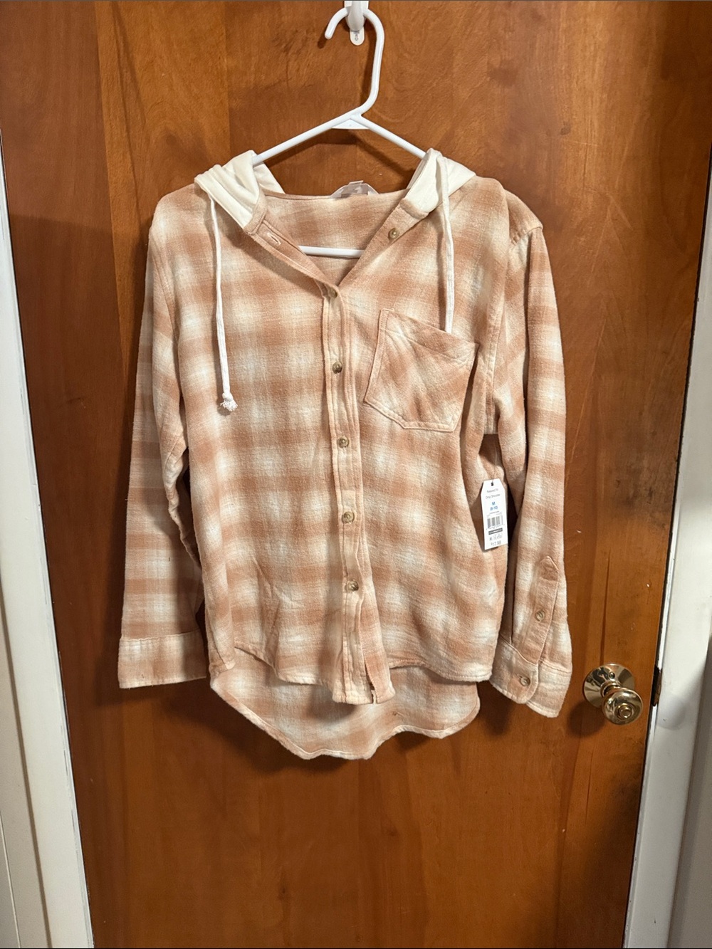 Tan Plaid Hooded Button-Up Shirt